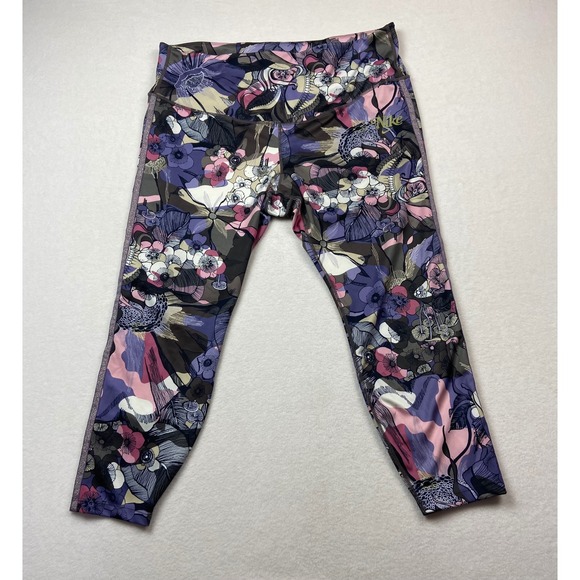Nike Dri-FIT Floral Leggings Womens 2X‎ Running Crop Glitter Trim Stretch - Picture 1 of 7